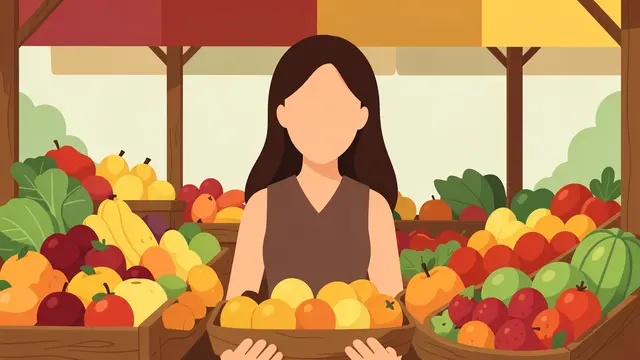 Faceless female vendor stands behind a market stall piled high with fresh fruit and vegetables