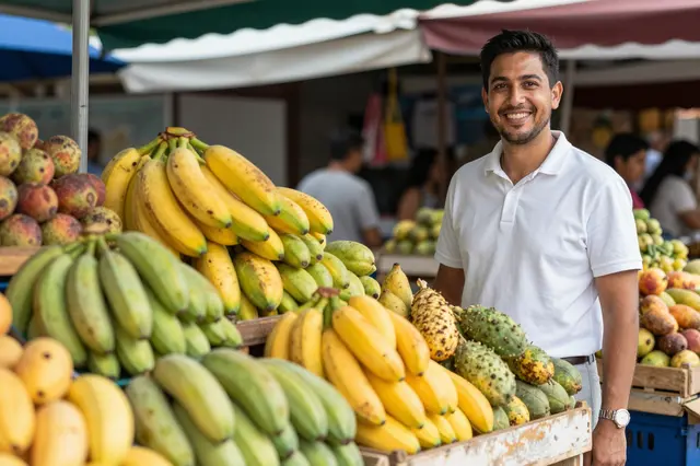 Smiling fruit vendor stands beside a colorful display of tropical fruit at a street market