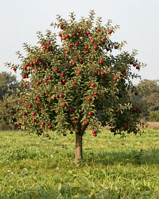 A lone apple tree heavy with red ripe fruit stands in a sunlit green grassy meadow under pale late summer sky.