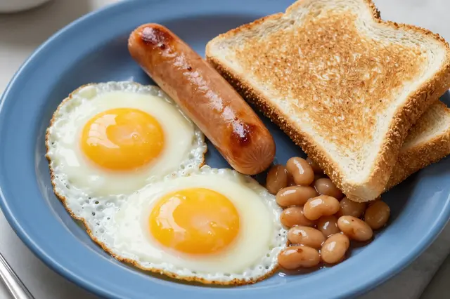 Top view of a Father's Day breakfast with fried eggs, sausage, beans, and toast on a blue enamel plate.