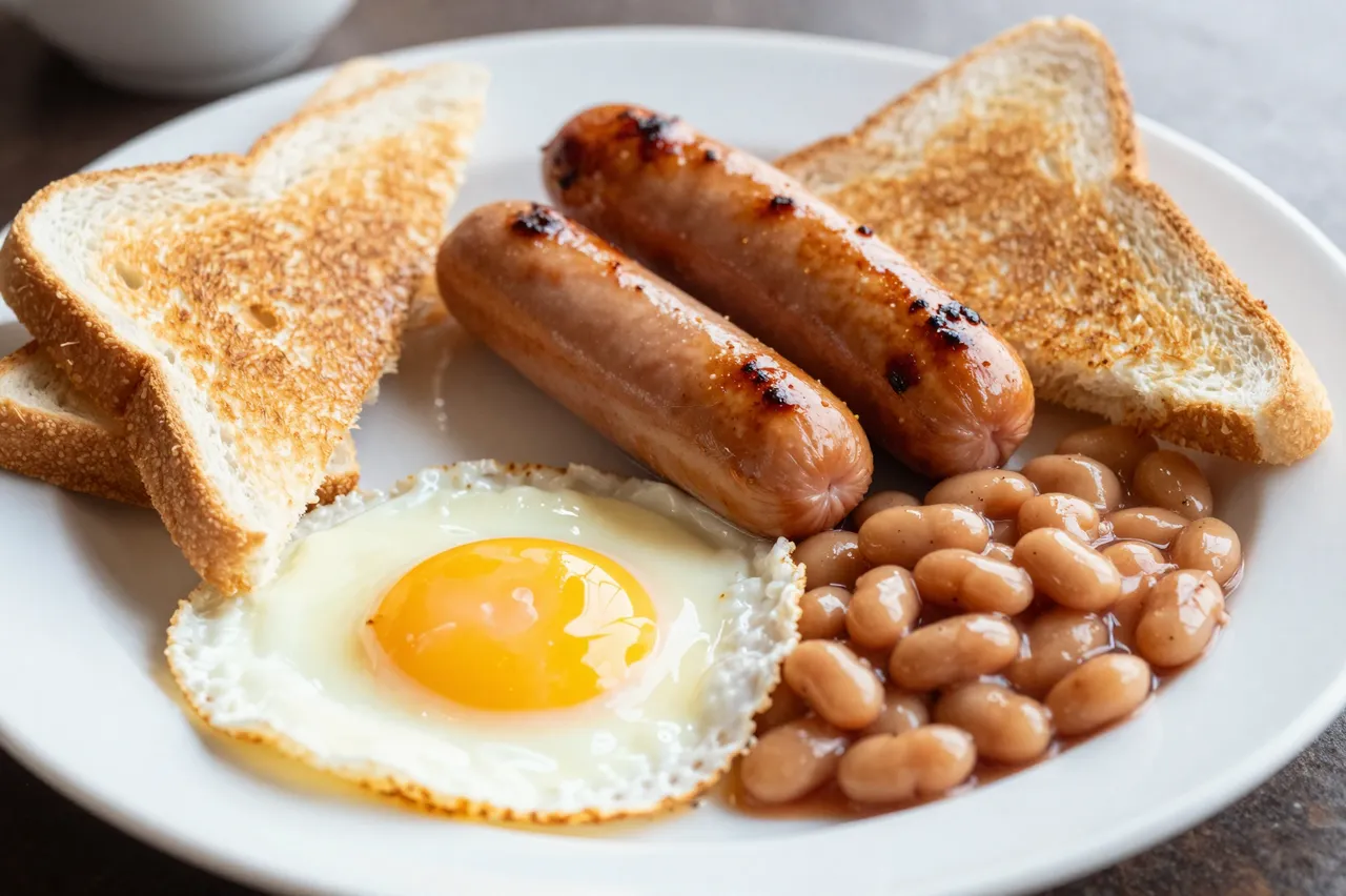 A plated full english breakfast with fried egg, grilled sausages, baked beans and toasted bread.