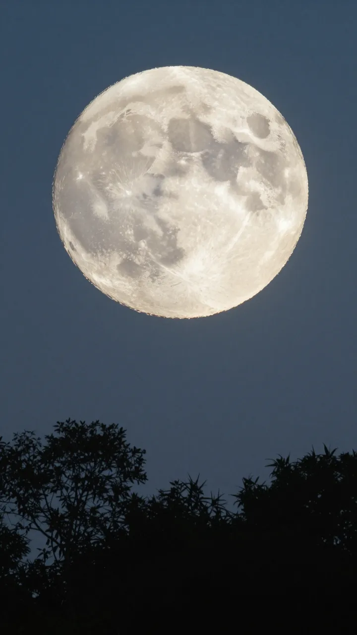 Detailed bright full moon hangs high above dark silhouetted tree tops against a deep twilight sky
