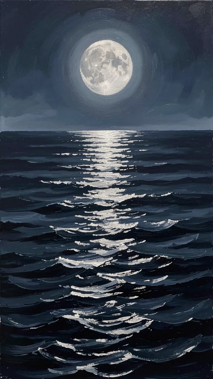 Oil painting of a full moon casting a bright silver reflection path across dark rolling night sea toward the horizon