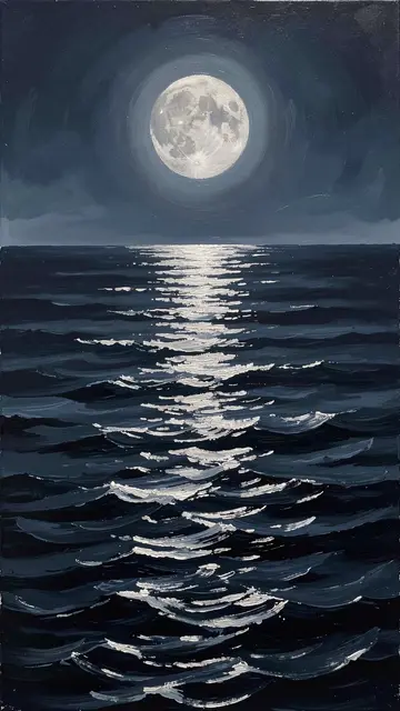 Oil painting of a full moon casting a bright silver reflection path across dark rolling night sea toward the horizon