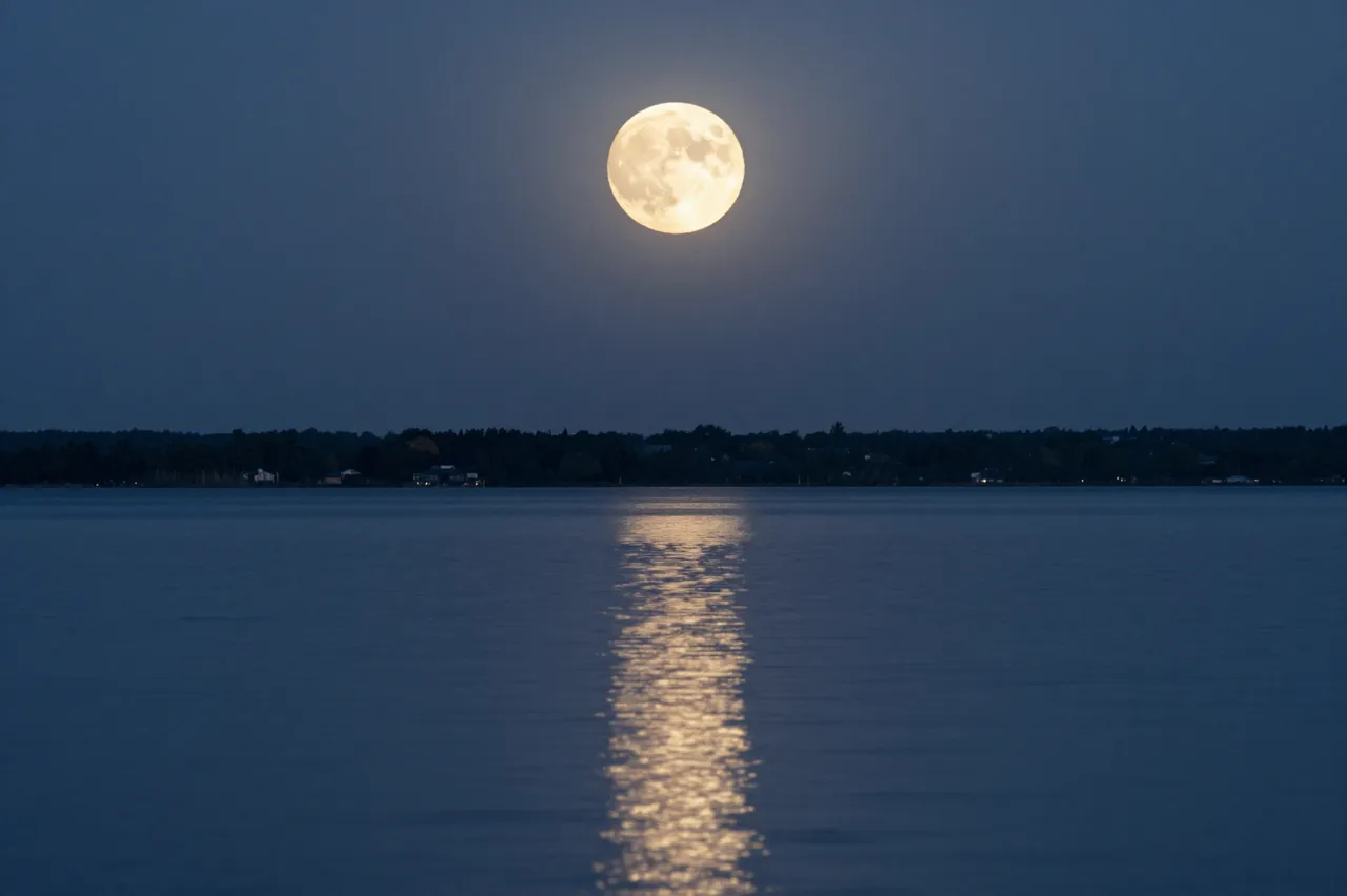 A bright full moon hangs above a calm night lake, with its shimmering reflection stretching across the water toward the