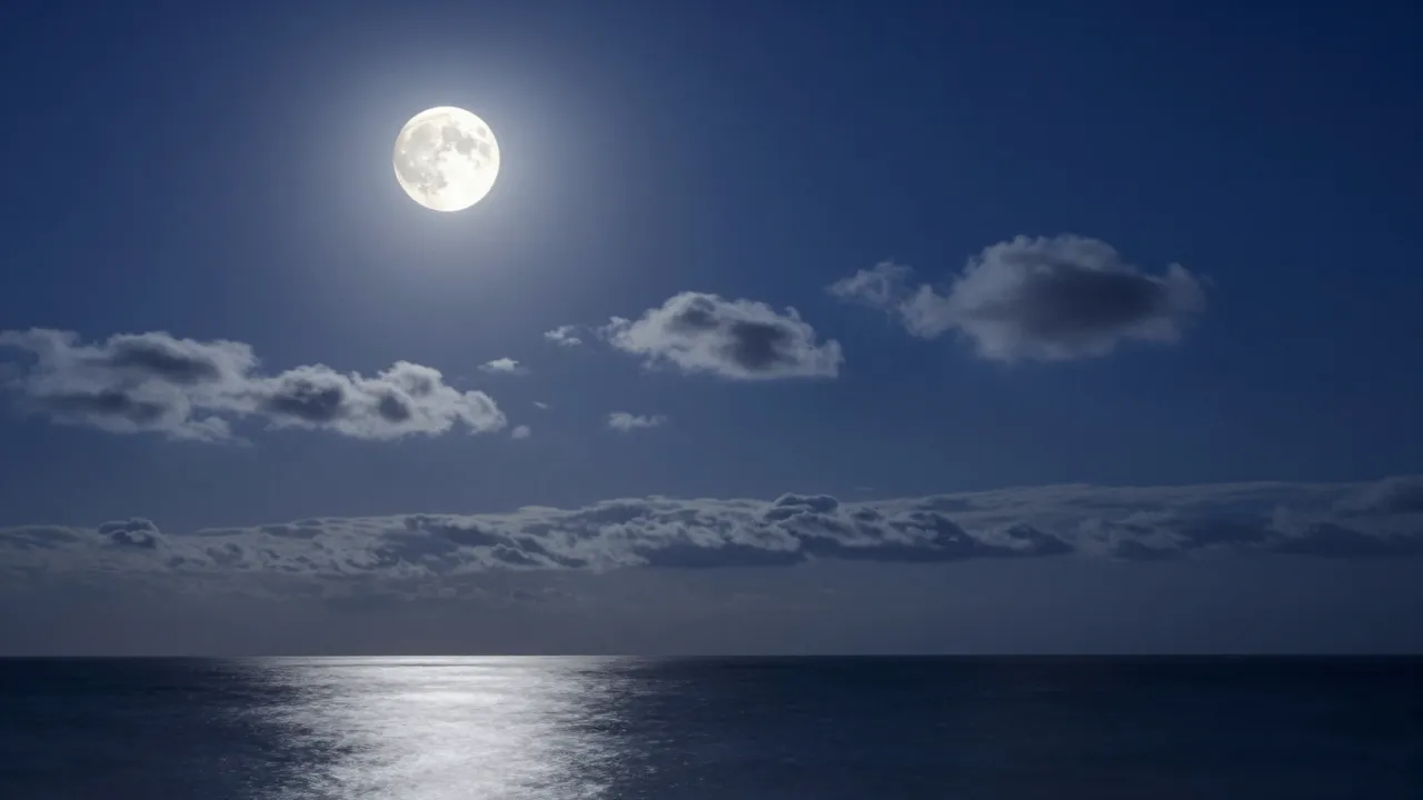 Bright full moon casts silver moonlight over a calm dark sea under an indigo night sky with drifting clouds