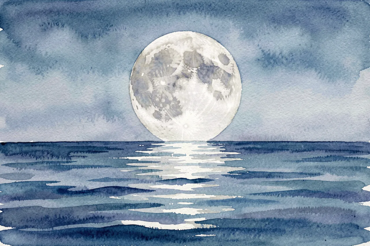 Watercolor painting of a large full moon hanging over a calm dark blue sea with a bright reflection trail