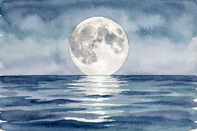 Watercolor painting of a large full moon hanging over a calm dark blue sea with a bright reflection trail