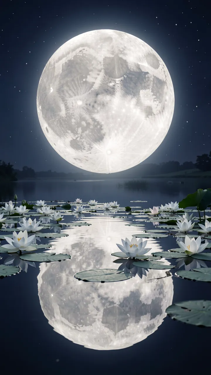 Glowing full moon hangs above a still pond dotted with white water lilies, mirrored in calm dark water under a starry night