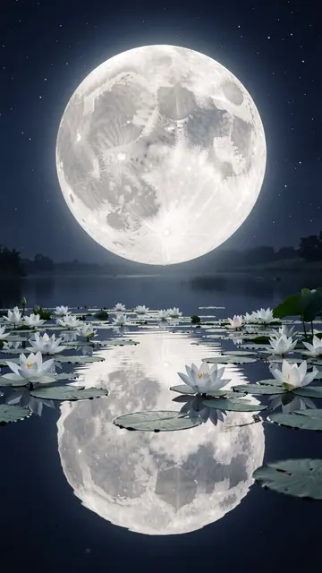 Glowing full moon hangs above a still pond dotted with white water lilies, mirrored in calm dark water under a starry night