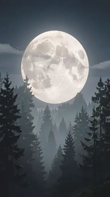 A large bright full moon hangs above misty silhouetted conifer trees in a dark night sky