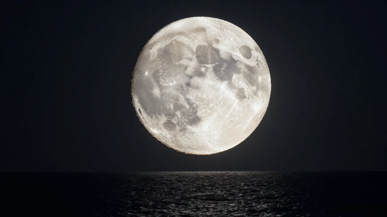 A large detailed full moon hangs above a dark rippled ocean under a deep night sky