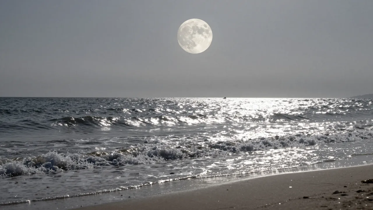 A bright full moon hangs above a sandy beach where silver moonlight glints on rolling ocean waves
