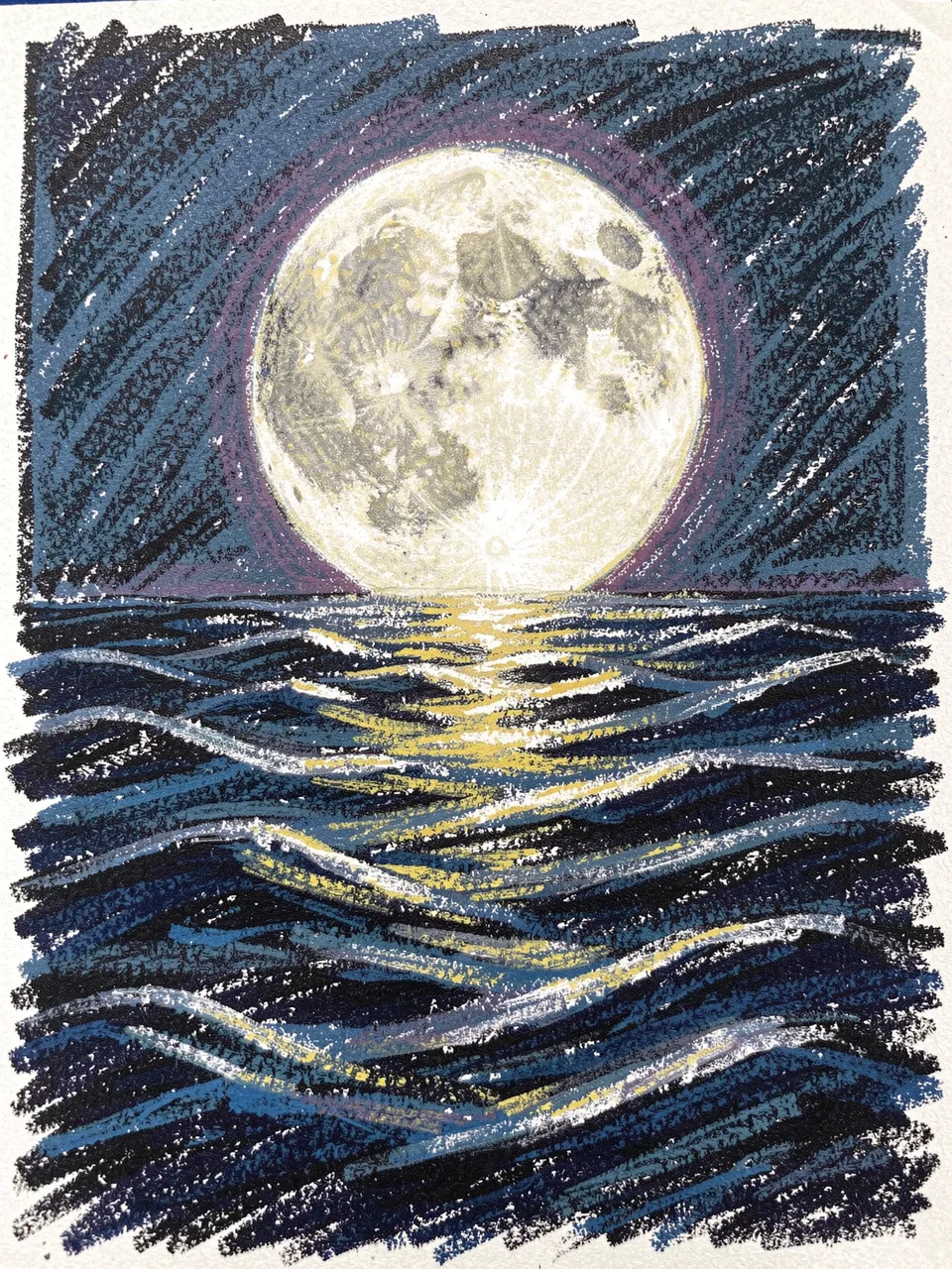 Textured oil pastel drawing of a glowing full moon casting a shimmering light path over dark sea waves