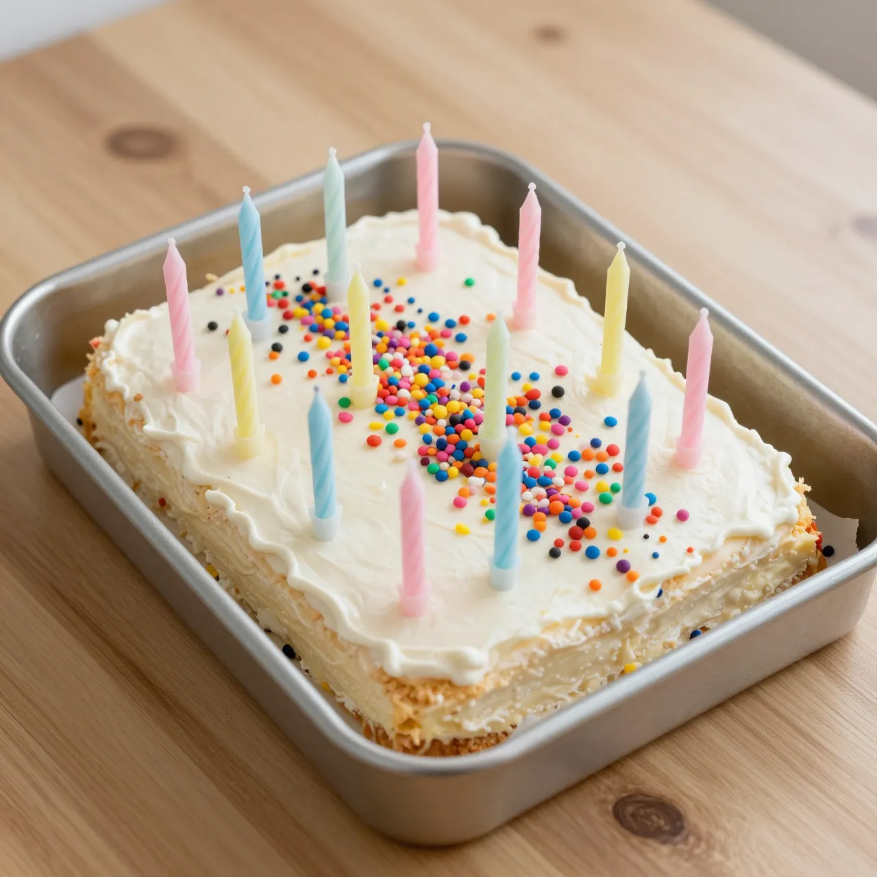 Top view of a frosted funfetti birthday sheet cake with pastel candles in a metal pan on a wooden counter