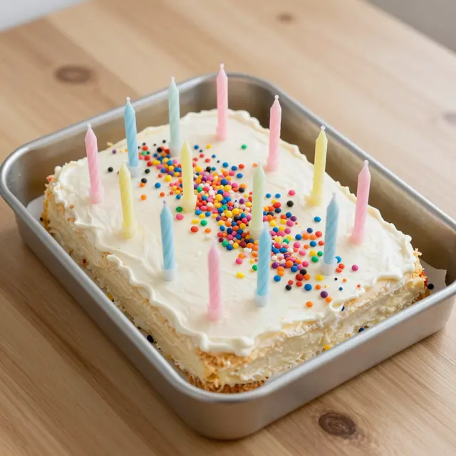Top view of a frosted funfetti birthday sheet cake with pastel candles in a metal pan on a wooden counter