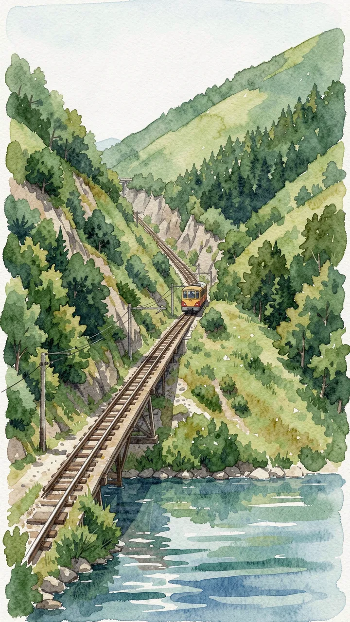 Watercolor painting of a funicular train traveling on elevated tracks across a lake below steep forested green hillsides.
