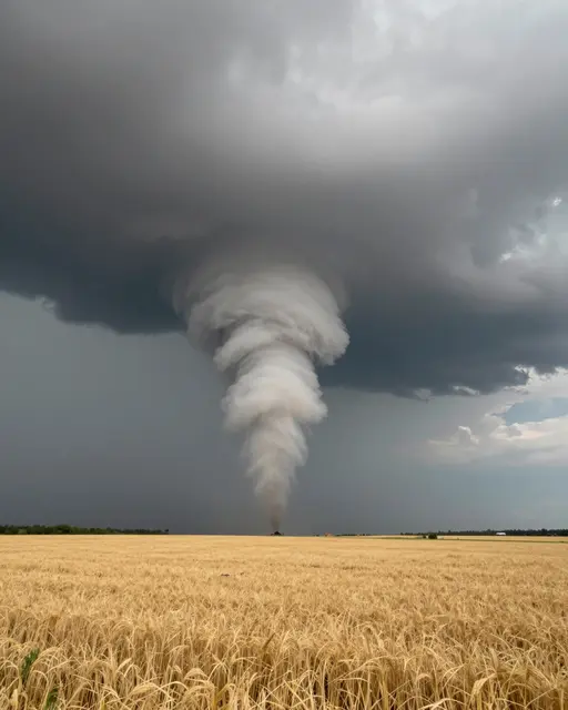 Twisted funnel cloud descends from a dark storm base above a vast golden farmland wheat field