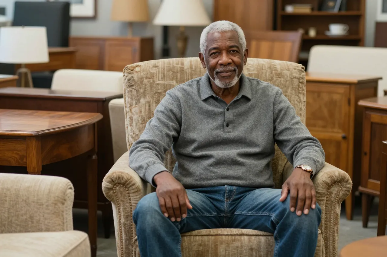 Mixed-race senior man in his sixties sits calmly in an upholstered armchair in his secondhand furniture shop