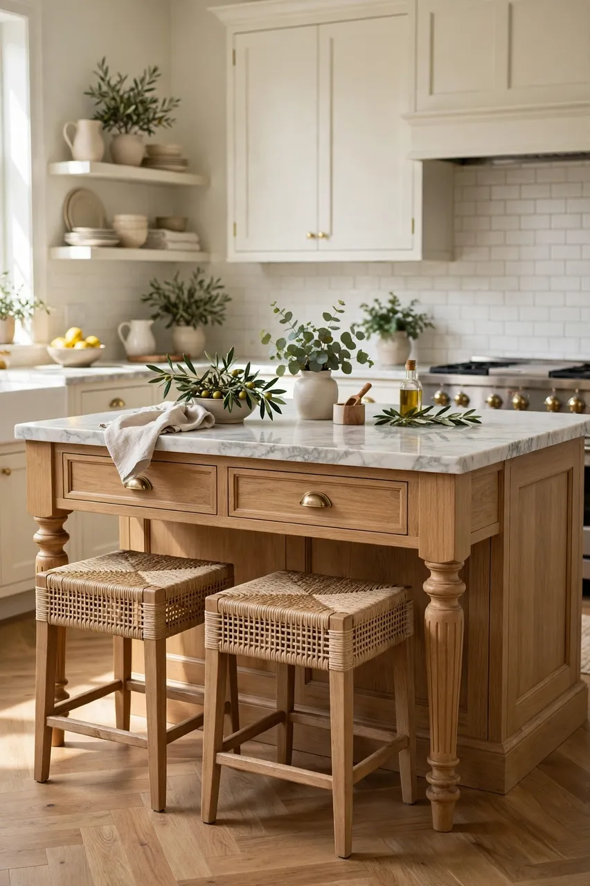 A wooden turned leg kitchen island with marble top and woven stools sits in a bright neutral kitchen