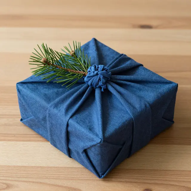 Indigo furoshiki wrapped gift with a pine sprig resting on a light wooden table