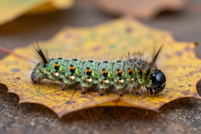 A fuzzy patterned caterpillar rests on a yellow spotted autumn maple leaf atop soil