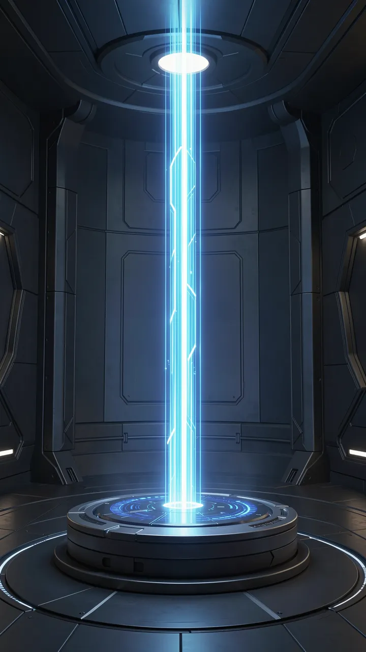 A glowing vertical blue light beam rises from a circular pedestal inside a dark futuristic chamber