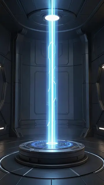 A glowing vertical blue light beam rises from a circular pedestal inside a dark futuristic chamber