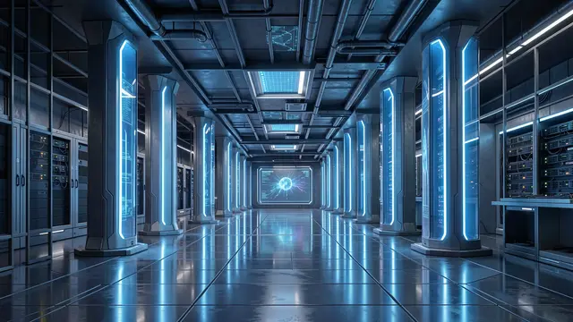 Symmetrical underground futuristic server lab with glowing blue columns and reflective dark tiled flooring