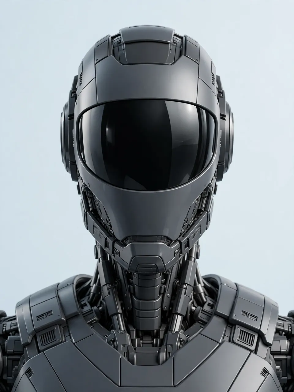 Head and shoulders 3D portrait of a dark gray robot with a smooth black visor against a pale blue background