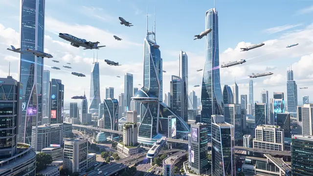 A dense futuristic skyscraper city has multiple flying vehicles traveling above ground highways under a bright cloudy sky.