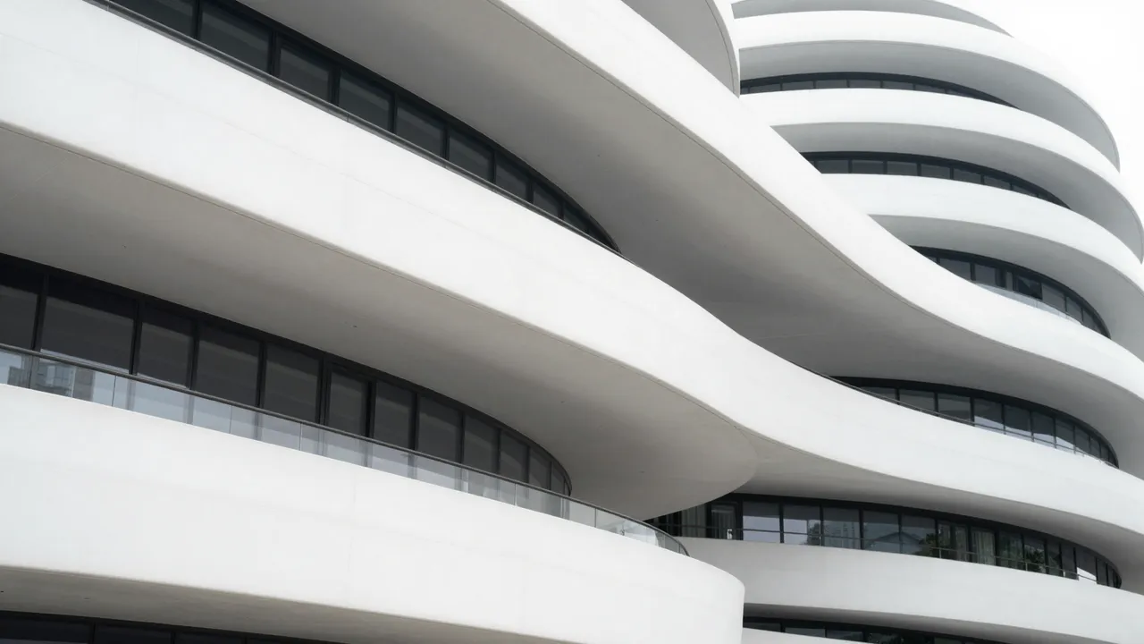Low angle close-up of a modern white building with smooth, undulating curved floor slabs and dark window frames