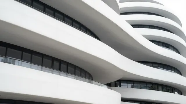 Low angle close-up of a modern white building with smooth, undulating curved floor slabs and dark window frames