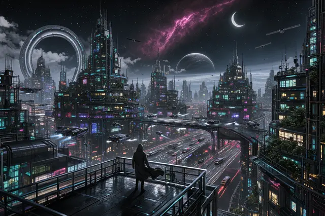 A hooded figure stands on a rooftop overlooking a sprawling neon futuristic city under a starry alien night sky