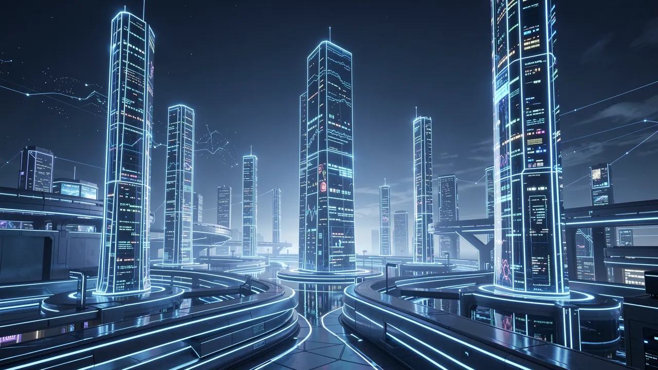 Neon-lit futuristic skyscraper data towers stand in a sleek digital cityscape at night