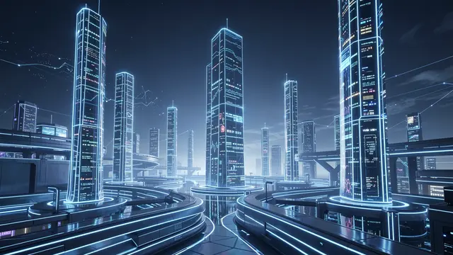 Neon-lit futuristic skyscraper data towers stand in a sleek digital cityscape at night