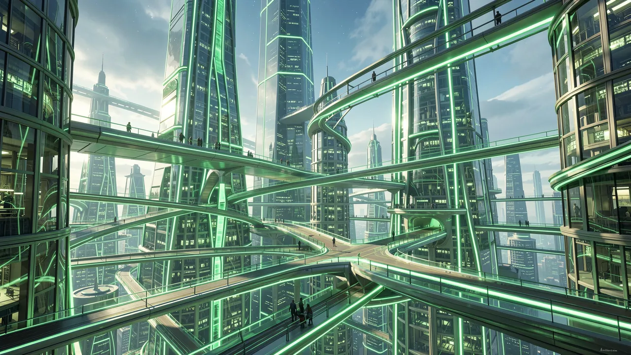 A sprawling futuristic city with glass towers and glowing green interconnected skywalks under a bright partly cloudy sky