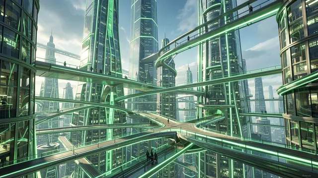 A sprawling futuristic city with glass towers and glowing green interconnected skywalks under a bright partly cloudy sky