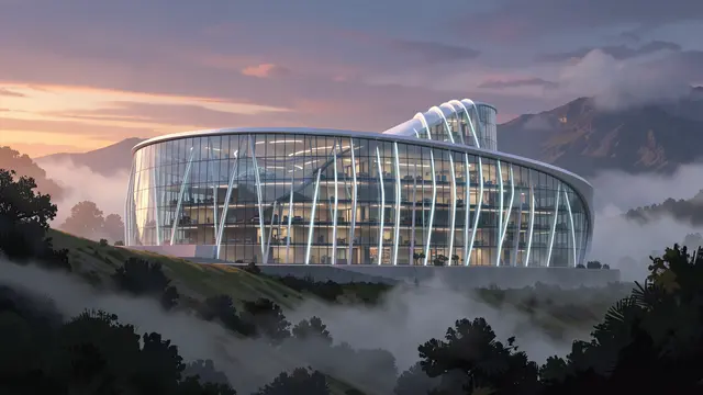Curved glass futuristic building with glowing structural ribs sits on a misty forested hillside at dusk