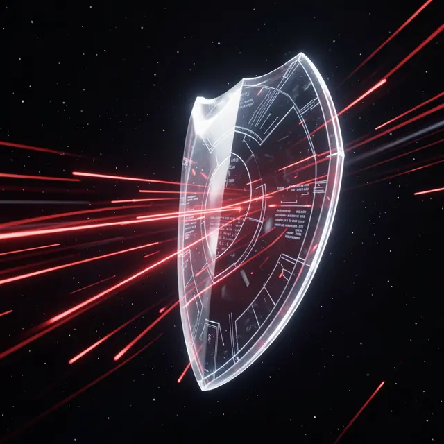 A glowing translucent tech shield deflects red incoming streaks against a dark starry space background