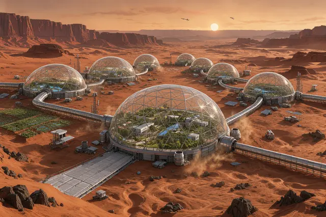 Geodesic domes connected by tunnels house a habitat on a red desert alien planet at sunset