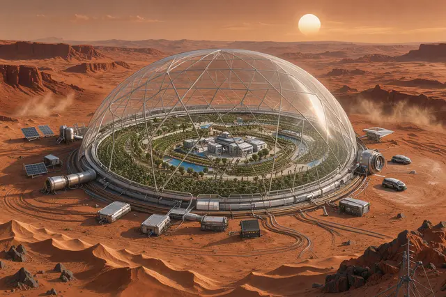 A large transparent geodesic dome habitat sits on a rust-red alien desert planet at sunset