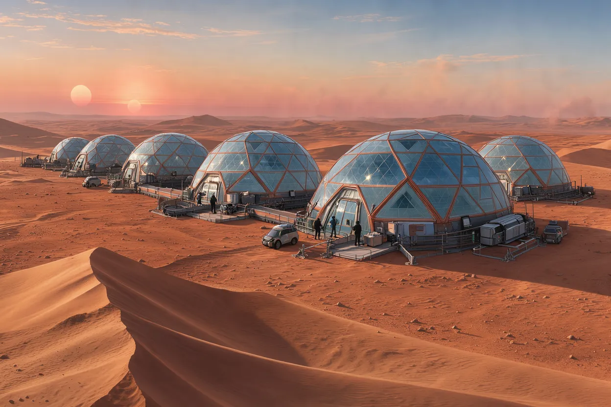 Row of glass geodesic domes stand on a rust-red desert alien planet beneath a twin-sun sunset sky