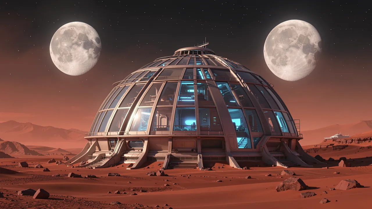 Glowing glass dome habitat sits on a red desert alien planet beneath two large full moons