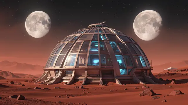 Glowing glass dome habitat sits on a red desert alien planet beneath two large full moons