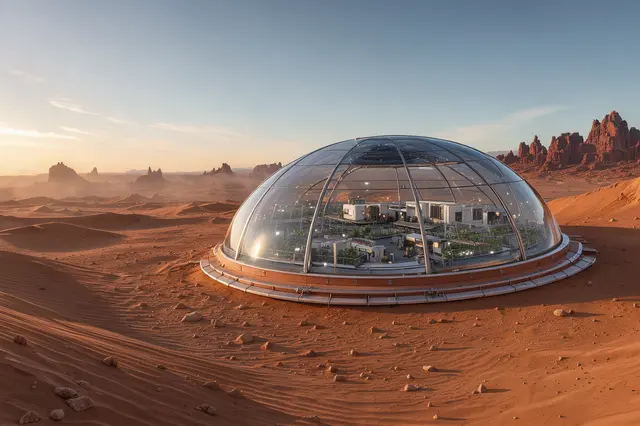 Transparent glass dome settlement sits on a red desert planet at golden sunrise