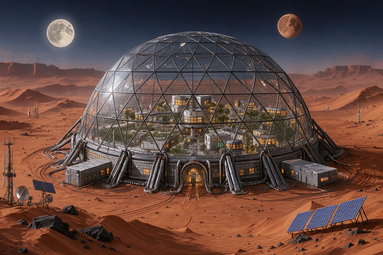 A geodesic dome colony stands on red desert alien terrain beneath two moons in a dark night sky
