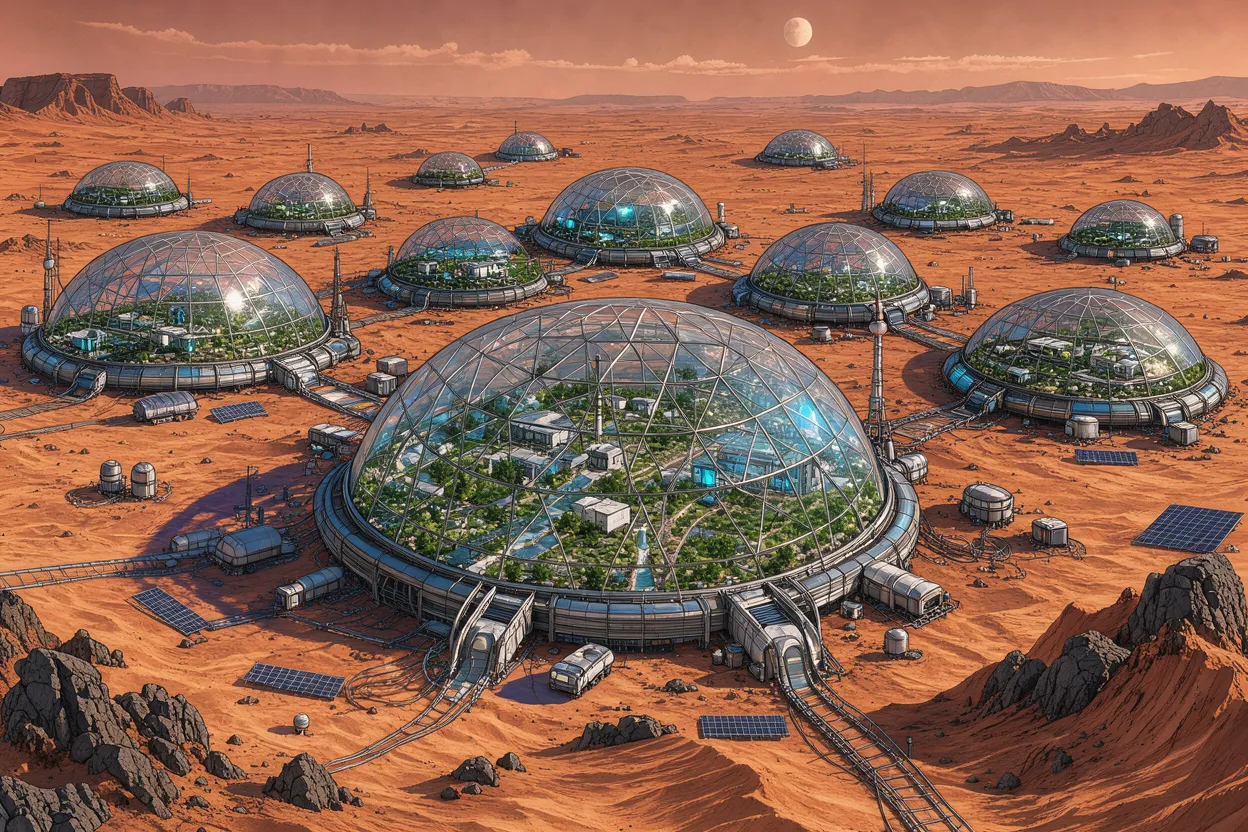 Interconnected glass dome colony structures sit across a rust-red desert alien planet under a pale orange sky