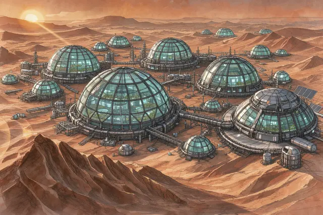 Interconnected glass dome habitats sit across a rust-colored desert alien planet at sunrise