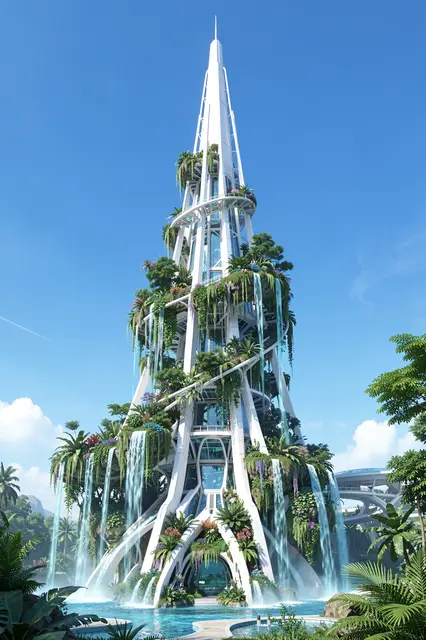 White futuristic spire tower covered in hanging gardens and waterfalls under a clear bright blue sky